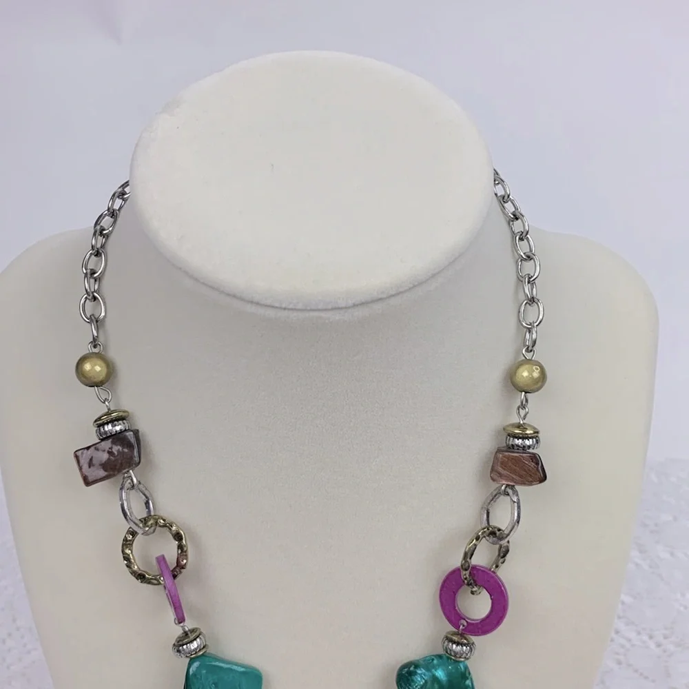 Statement Necklace Silver Chain Multicolor beads and metal pendants Adjustable
